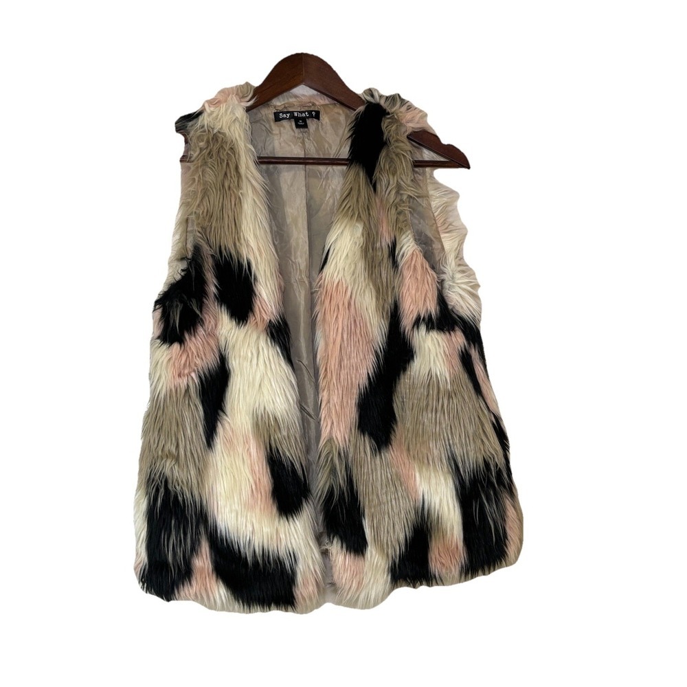 Say What Faux Fur Vest Womens Medium Blush Cream Black Patchwork Sleeveless Boho
